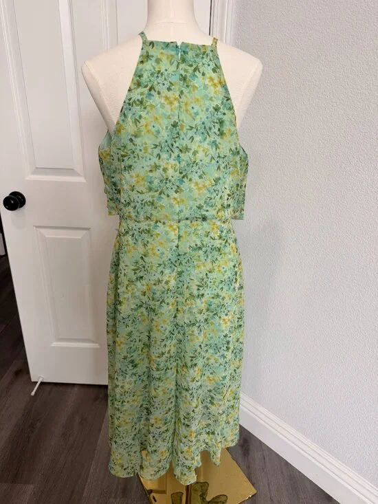 Floral Halter Midi Dress Green Yellow Tiered Feminine Spring Dress - Picture 6 of 6